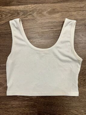 ROMWE White Ribbed Crop Tank Top Size M Minimal Basic Stretch Casual